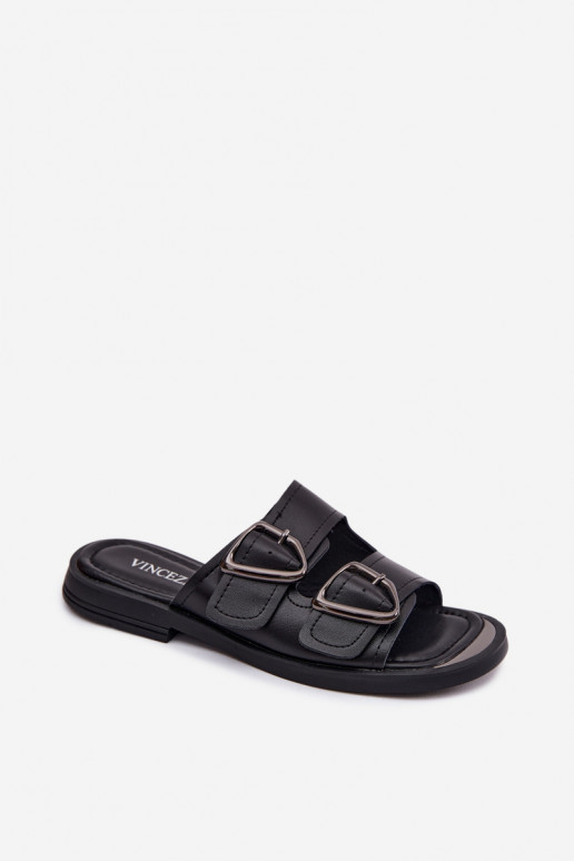 Zapatillas de cuero negras para mujer con hebillas Vinceza 62304