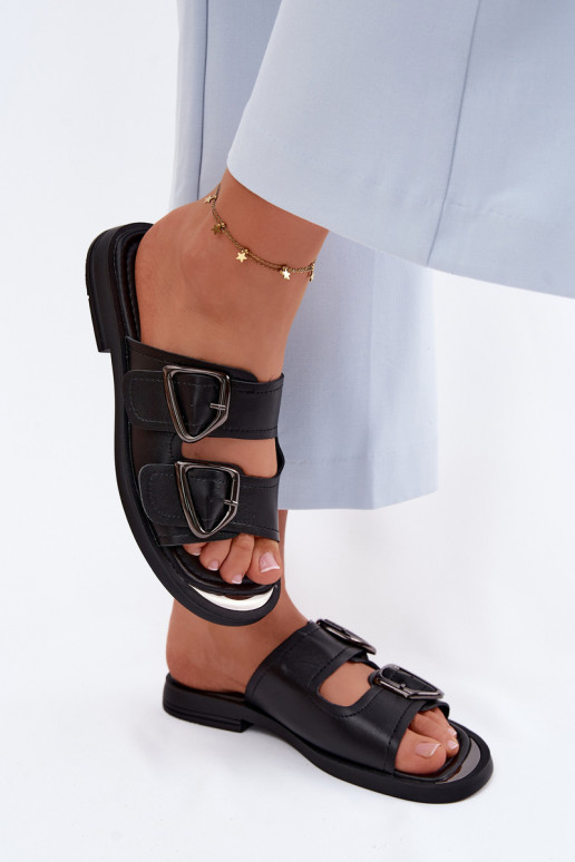 Zapatillas de cuero negras para mujer con hebillas Vinceza 62304