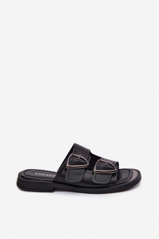 Zapatillas de cuero negras para mujer con hebillas Vinceza 62304