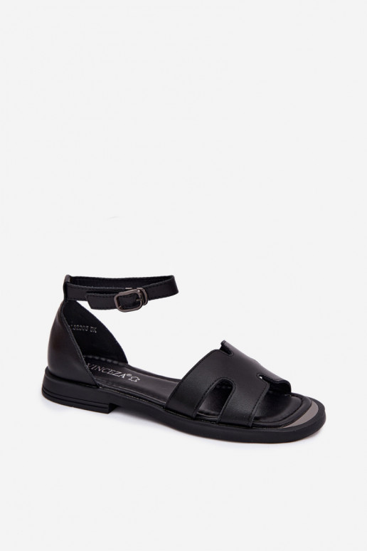 Sandalias negras de cuero para mujer con tacón ancho Vinceza 62305