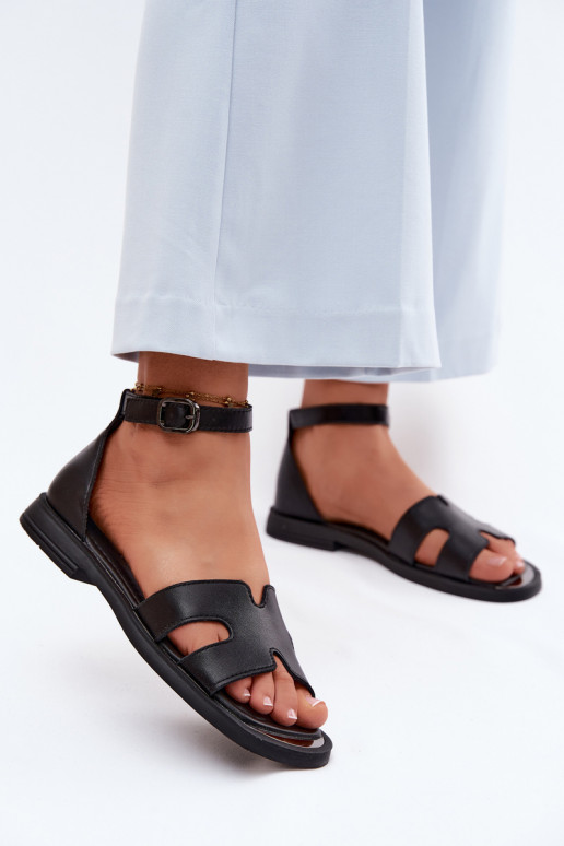 Sandalias negras de cuero para mujer con tacón ancho Vinceza 62305