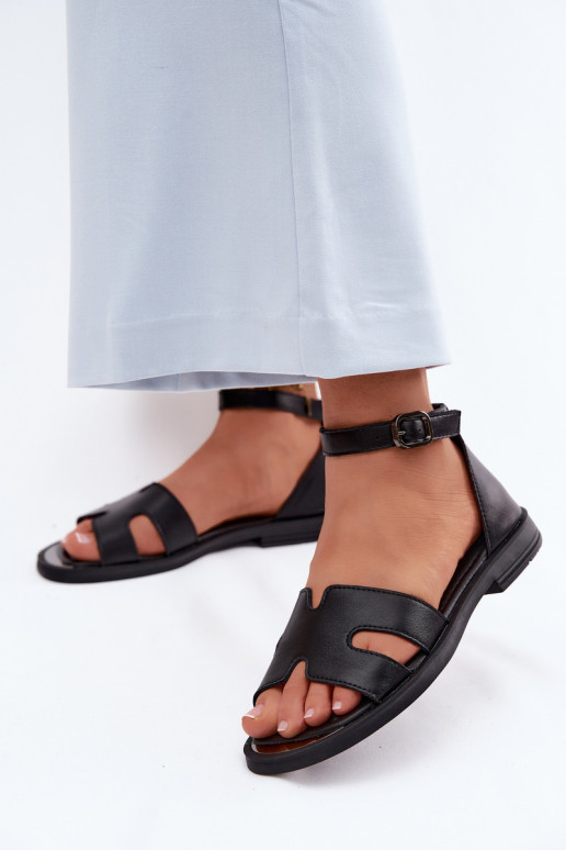 Sandalias negras de cuero para mujer con tacón ancho Vinceza 62305