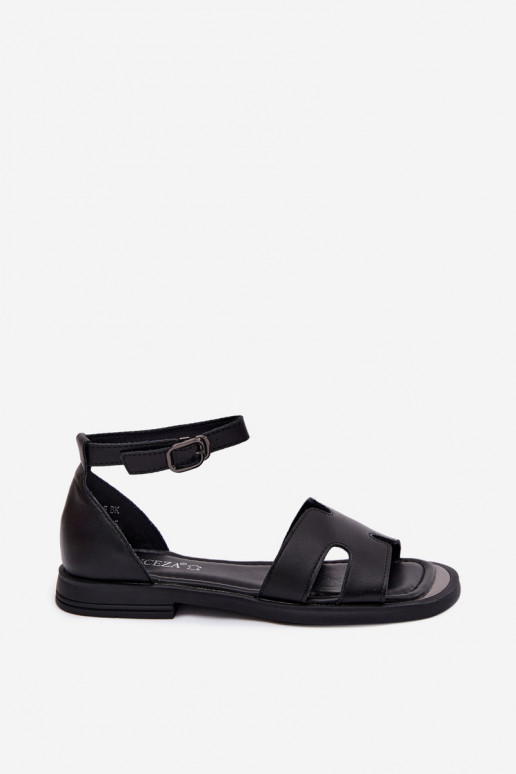 Sandalias negras de cuero para mujer con tacón ancho Vinceza 62305