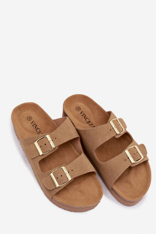 Piel Zapatillas de ante para mujer. con una plataforma con hebillas Vinceza 102657 beige