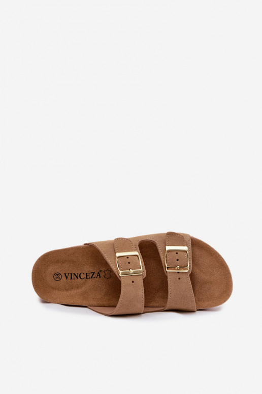 Zapatillas de cuero con plataforma y hebillas Vinceza 102657, color arena