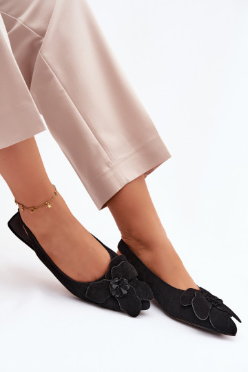 Sandalias de cuero negras con plataforma, tacón ancho y flor Vinceza 66951