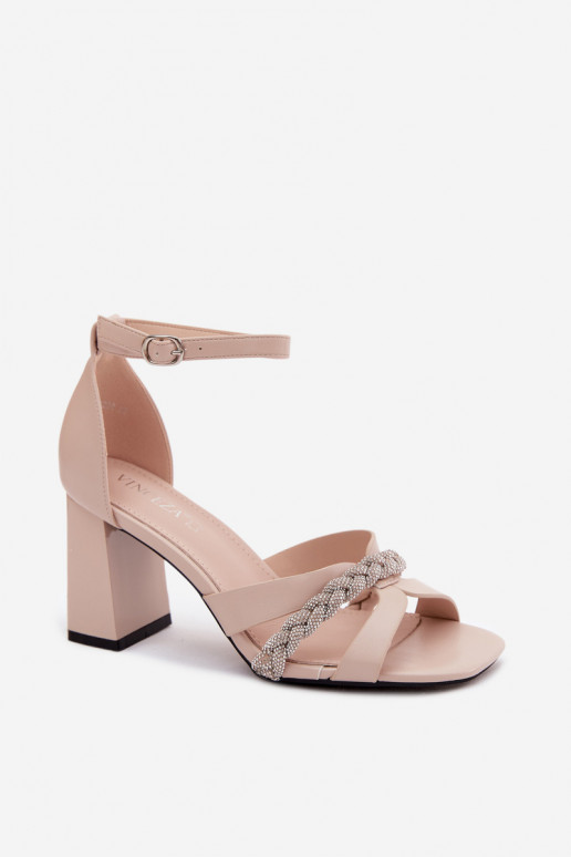 Sandalias beige para mujer con tacones pequeños y puntos brillantes Vinceza 62298