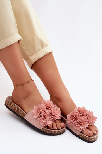 Chanclas de piel sintética rosa sobre suela de corcho con motivos florales Seleneza