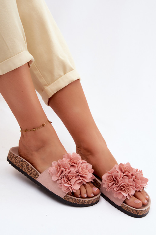 Chanclas de piel sintética rosa sobre suela de corcho con motivos florales Seleneza