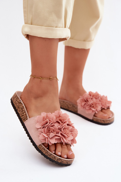 Chanclas de piel sintética rosa sobre suela de corcho con motivos florales Seleneza