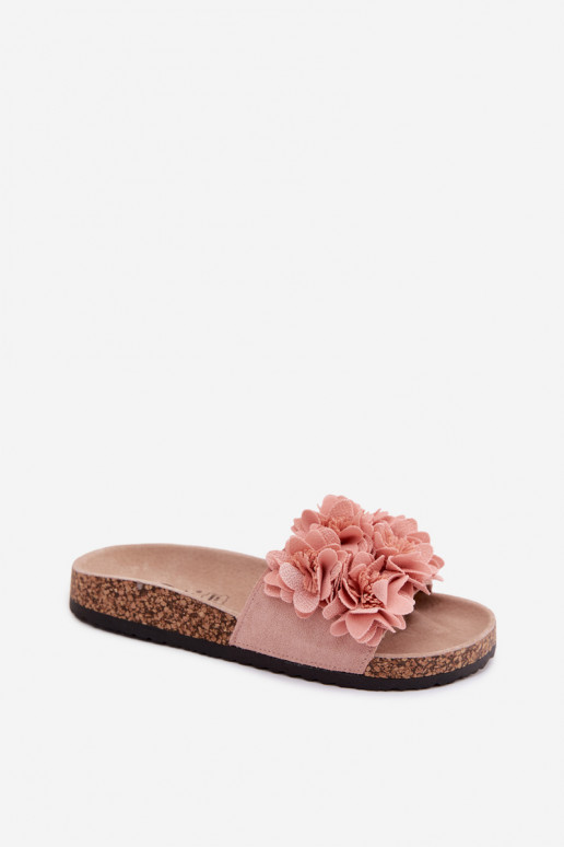 Chanclas de piel sintética rosa sobre suela de corcho con motivos florales Seleneza