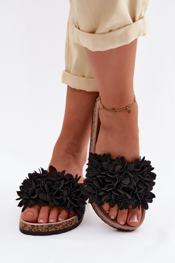 Chanclas de piel sintética negras sobre suela de corcho con motivos florales Seleneza