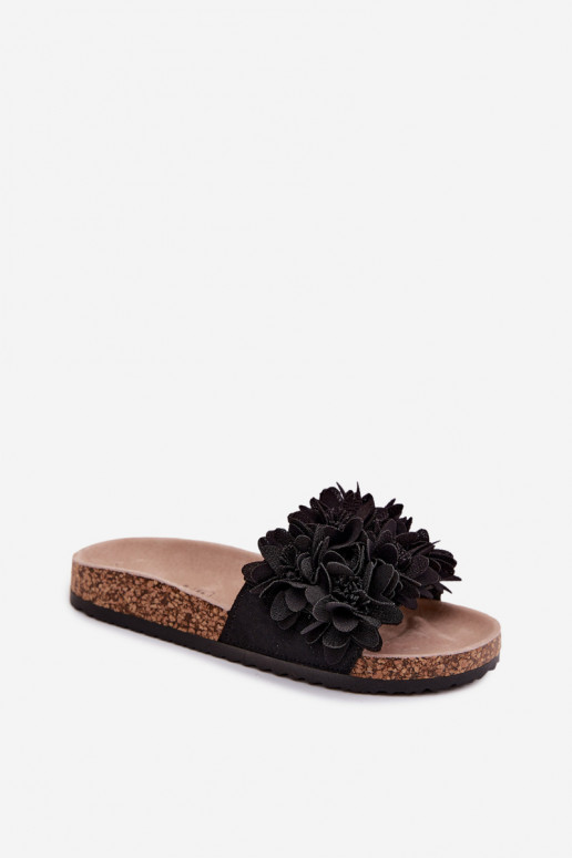 Chanclas de piel sintética negras sobre suela de corcho con motivos florales Seleneza