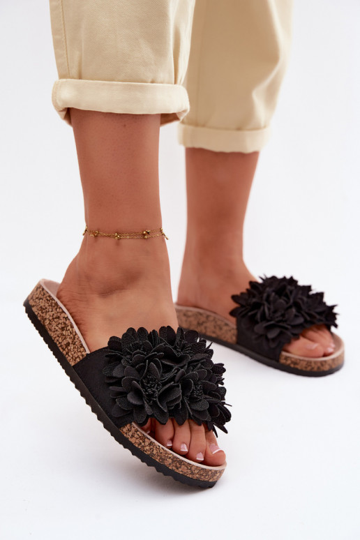 Chanclas de piel sintética negras sobre suela de corcho con motivos florales Seleneza