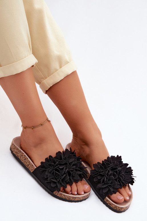 Chanclas de piel sintética negras sobre suela de corcho con motivos florales Seleneza