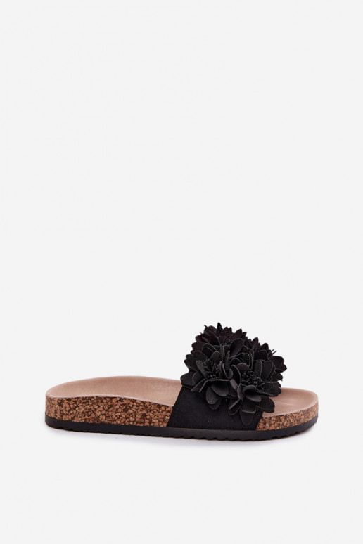 Chanclas de piel sintética negras sobre suela de corcho con motivos florales Seleneza