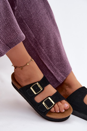 Piel Zapatillas de ante para mujer. con una plataforma con hebillas Vinceza 102657 de color negro