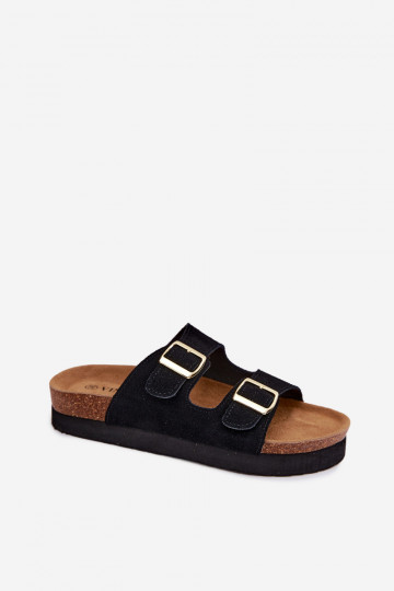 Chanclas de ante sintético negras con plataforma y hebillas Vinceza 102657 2
