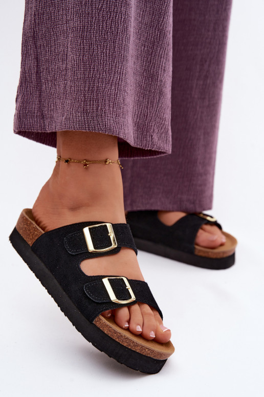 Piel Zapatillas de ante para mujer. con una plataforma con hebillas Vinceza 102657 de color negro