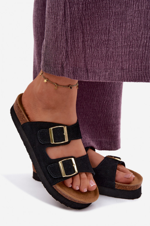 Piel Zapatillas de ante para mujer. con una plataforma con hebillas Vinceza 102657 de color negro