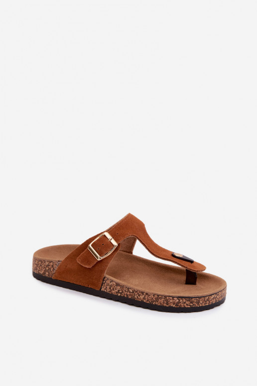 Piel zapatillas de gamuza Zapatillas con hebillas doradas color marrón Honey