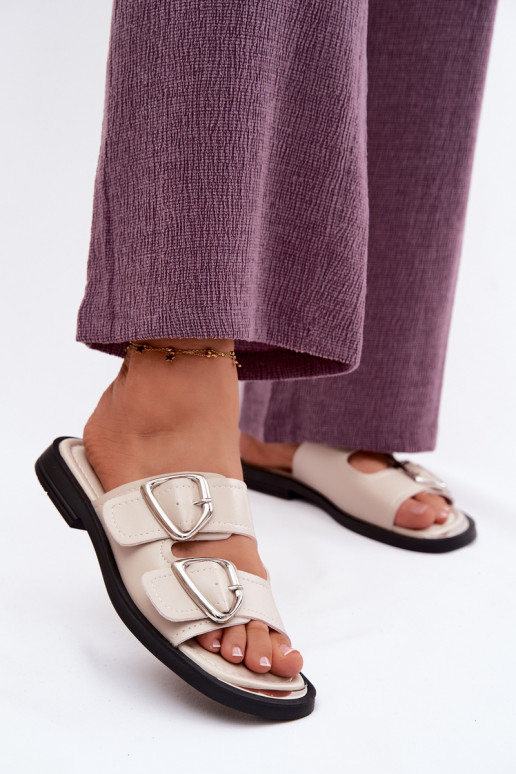 Zapatillas de cuero Femenino con hebillas Vinceza 62304 beige