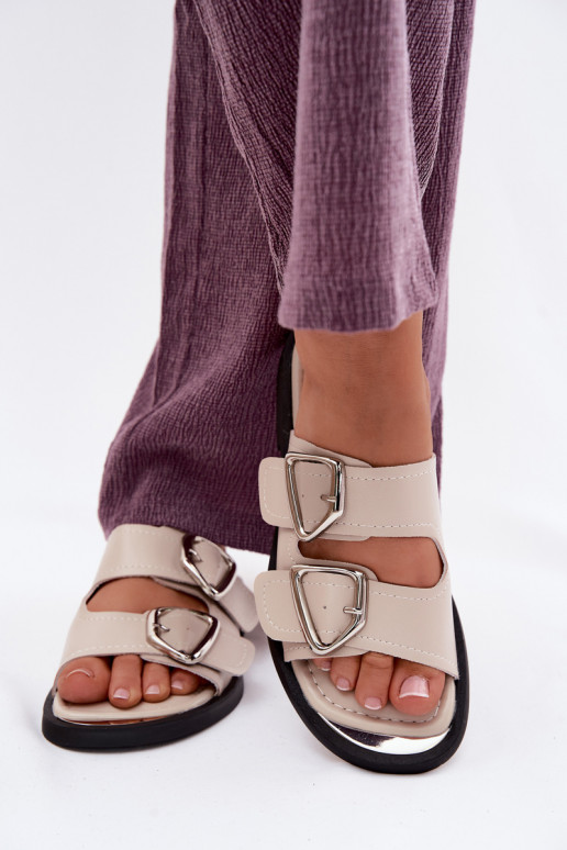 Zapatillas de cuero Femenino con hebillas Vinceza 62304 beige