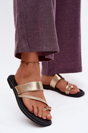 Zapatillas de mujer con tacones anchos de cuero natural Vinceza 66939 doradas 2