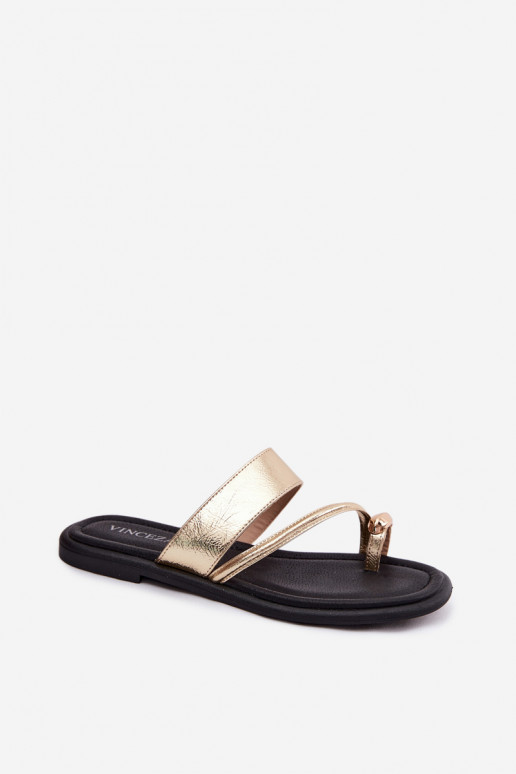 Zapatillas de mujer con tacones anchos de cuero natural Vinceza 66939 doradas