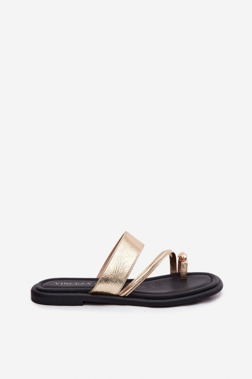 Zapatillas de mujer con tacones anchos de cuero natural Vinceza 66939 doradas