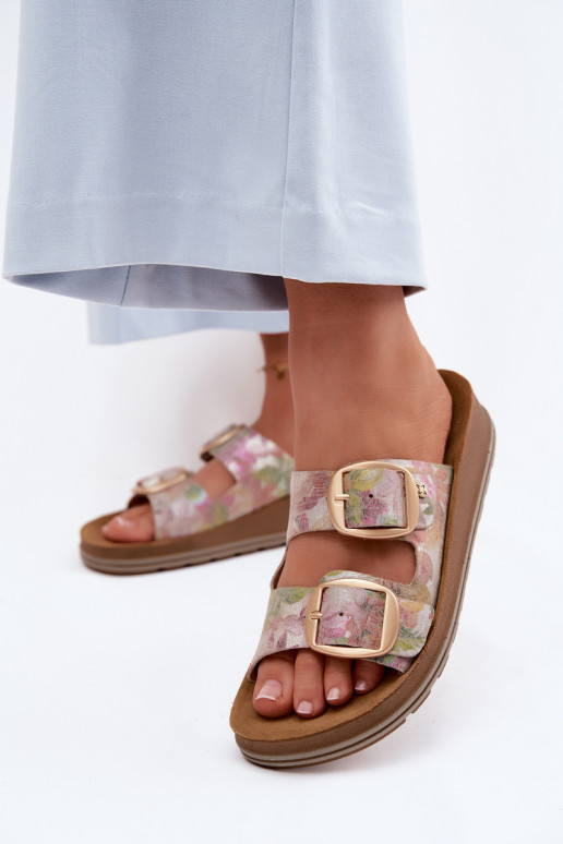 Zapatillas de cuero con estampado y hebillas en varios colores