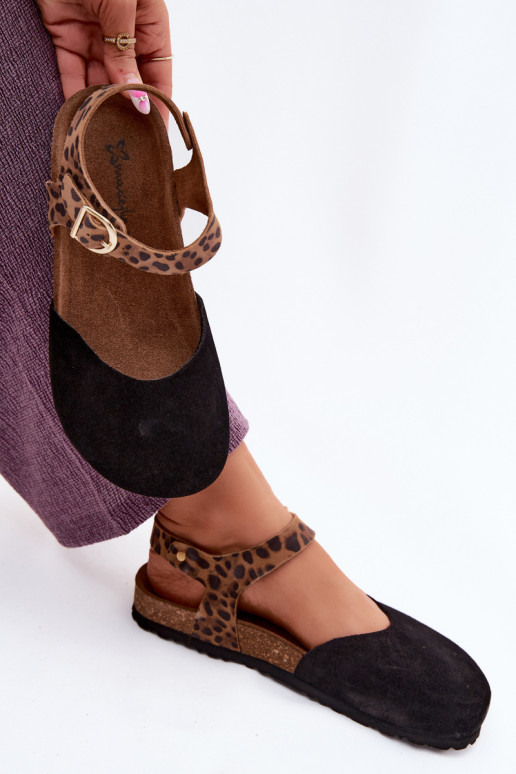 Piel Sandalias mujer anteZakrytymi Palcami Tiene queciejka H7365-01 de color negro