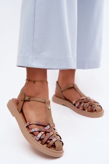 Piel Sandalias planas para mujer. con rayas Tiene queciejka K7442-04 beige