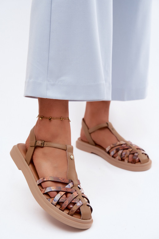 Piel Sandalias planas para mujer. con rayas Tiene queciejka K7442-04 beige