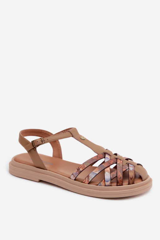 Piel Sandalias planas para mujer. con rayas Tiene queciejka K7442-04 beige