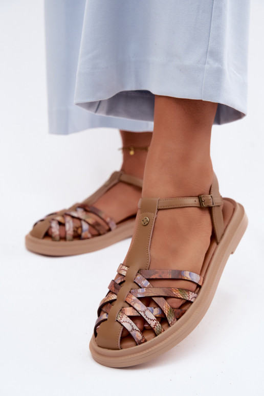 Piel Sandalias planas para mujer. con rayas Tiene queciejka K7442-04 beige