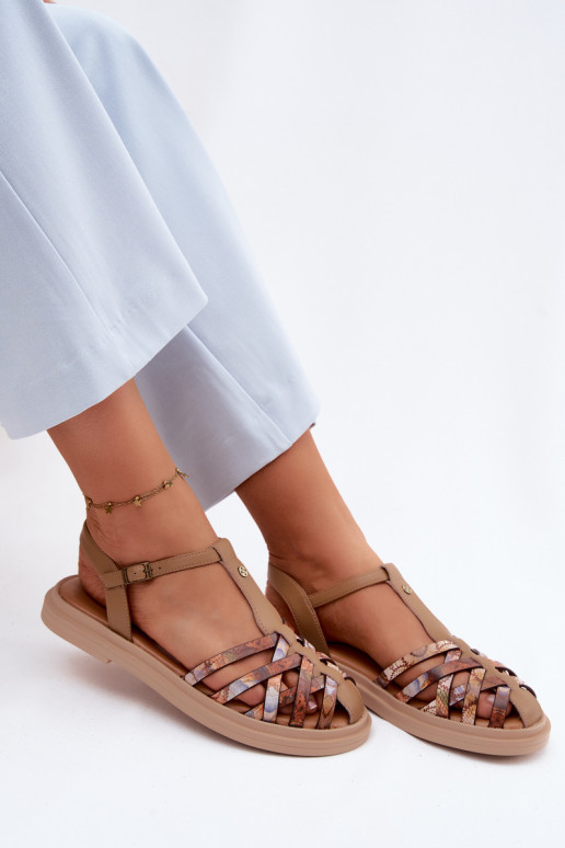 Piel Sandalias planas para mujer. con rayas Tiene queciejka K7442-04 beige