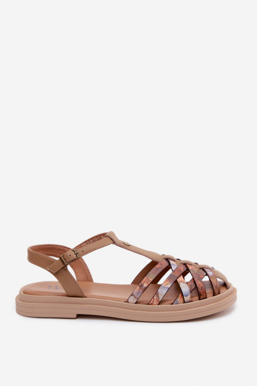 Sandalias planas de cuero para mujer con tiras en color arena
