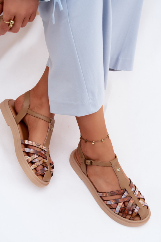 Piel Sandalias planas para mujer. con rayas Tiene queciejka K7442-04 beige