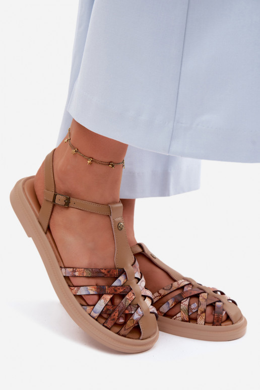 Piel Sandalias planas para mujer. con rayas Tiene queciejka K7442-04 beige