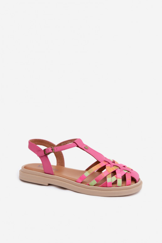 Sandalias planas de cuero para mujer con tiras en rosa