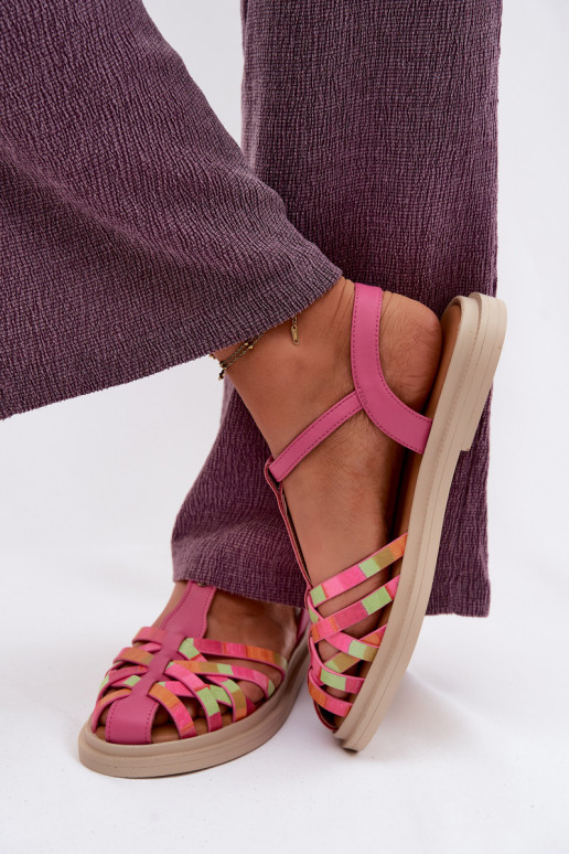 Sandalias planas de cuero para mujer con tiras en rosa