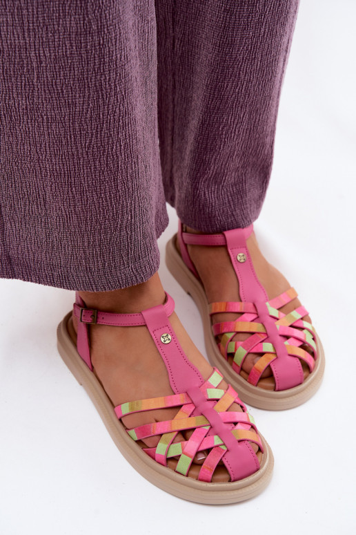 Sandalias planas de cuero para mujer con tiras en rosa