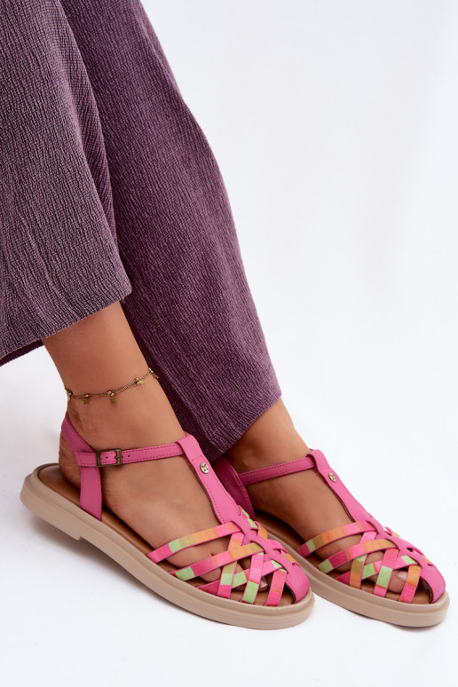 Sandalias planas de cuero para mujer con tiras en rosa