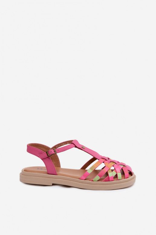 Sandalias planas de cuero para mujer con tiras en rosa