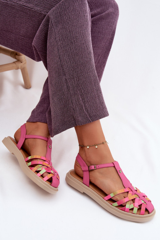 Sandalias planas de cuero para mujer con tiras en rosa