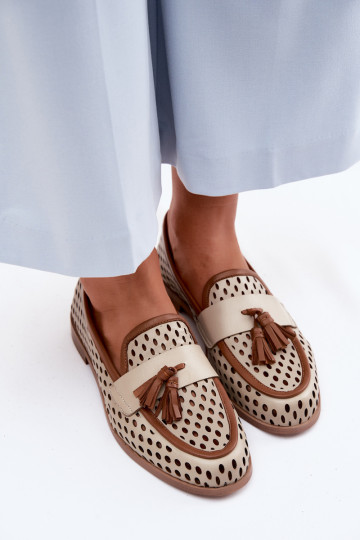 Piel con elementos calados zapatos mocasines de mujer Tiene queciejka HJ760-14 marrón-beige