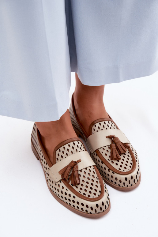 Piel con elementos calados zapatos mocasines de mujer Tiene queciejka HJ760-14 marrón-beige