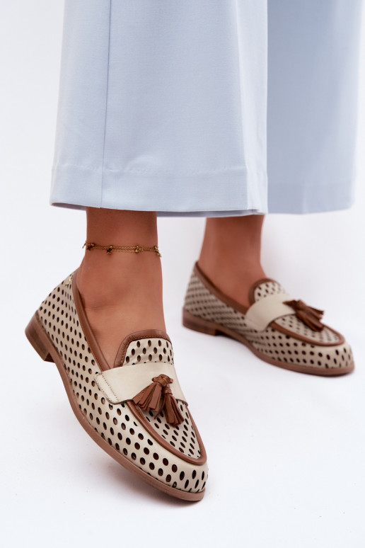 Piel con elementos calados zapatos mocasines de mujer Tiene queciejka HJ760-14 marrón-beige
