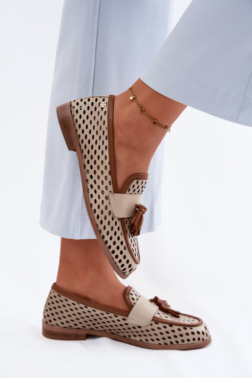 Piel con elementos calados zapatos mocasines de mujer Tiene queciejka HJ760-14 marrón-beige